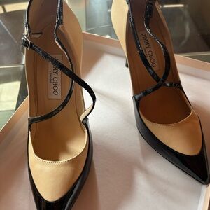Jimmy Choo Beige and Black Pointed-Toe Cross-Strap Pumps